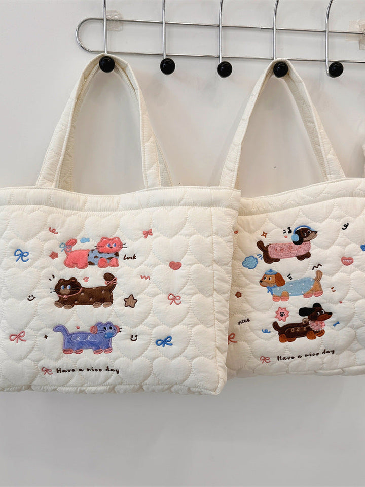 Quilted Cute Animal Embroidered Everyday Tote Bag
