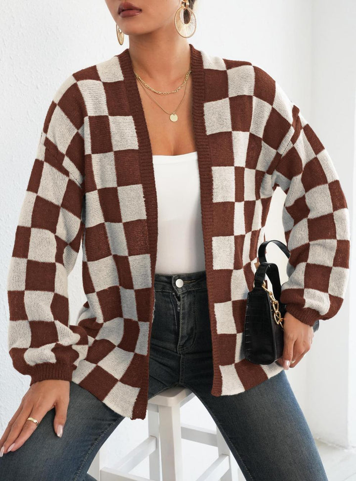 Checker Pattern Open Cardigan