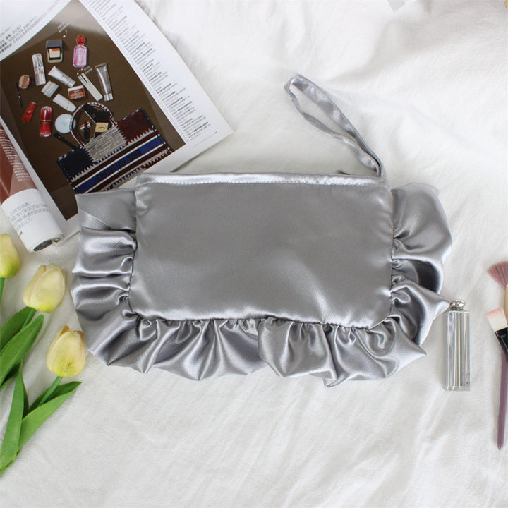 Ruffle Satin Wristlet Cosmetic Pouch