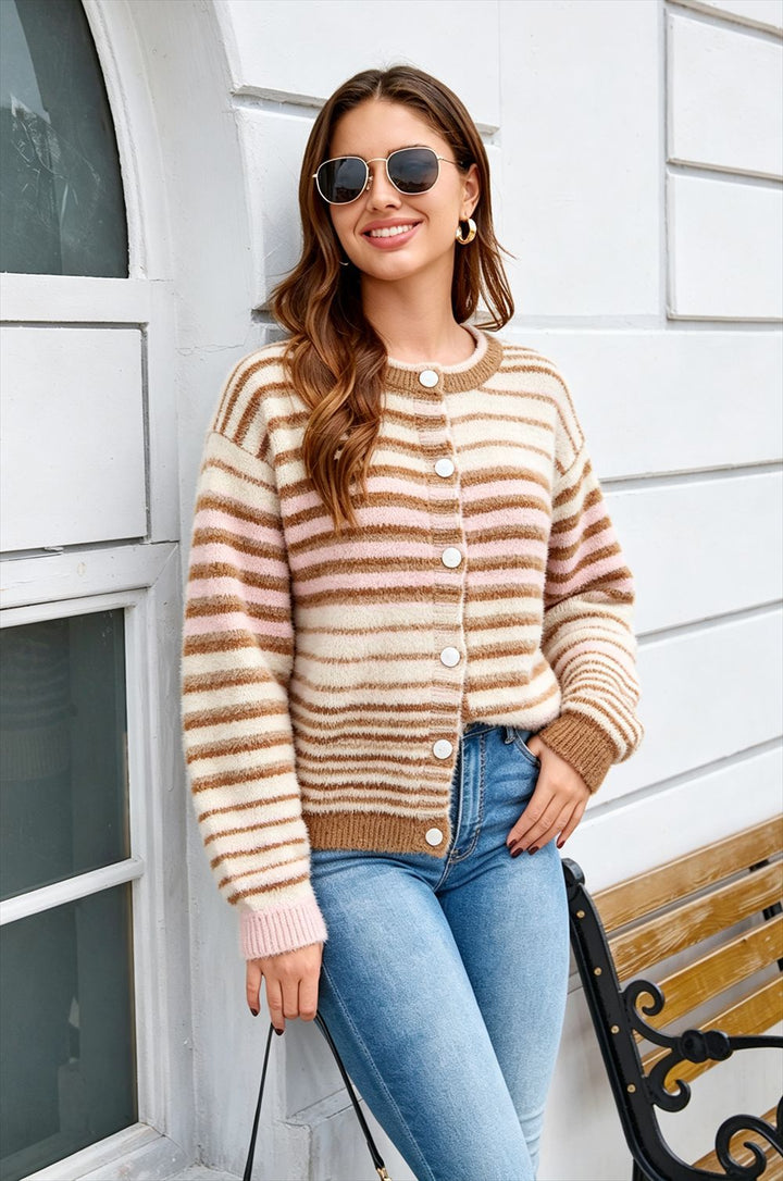 Neutral Stripe Fuzzy Knit Cardigan