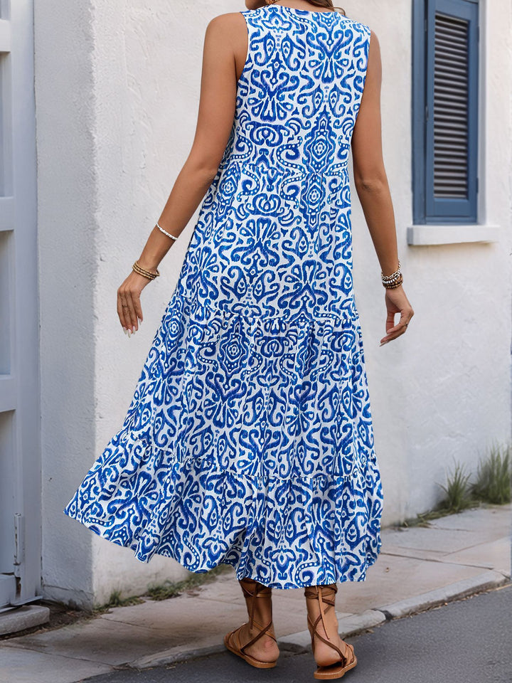 Blue Coastal Print Tiered Midi Dress