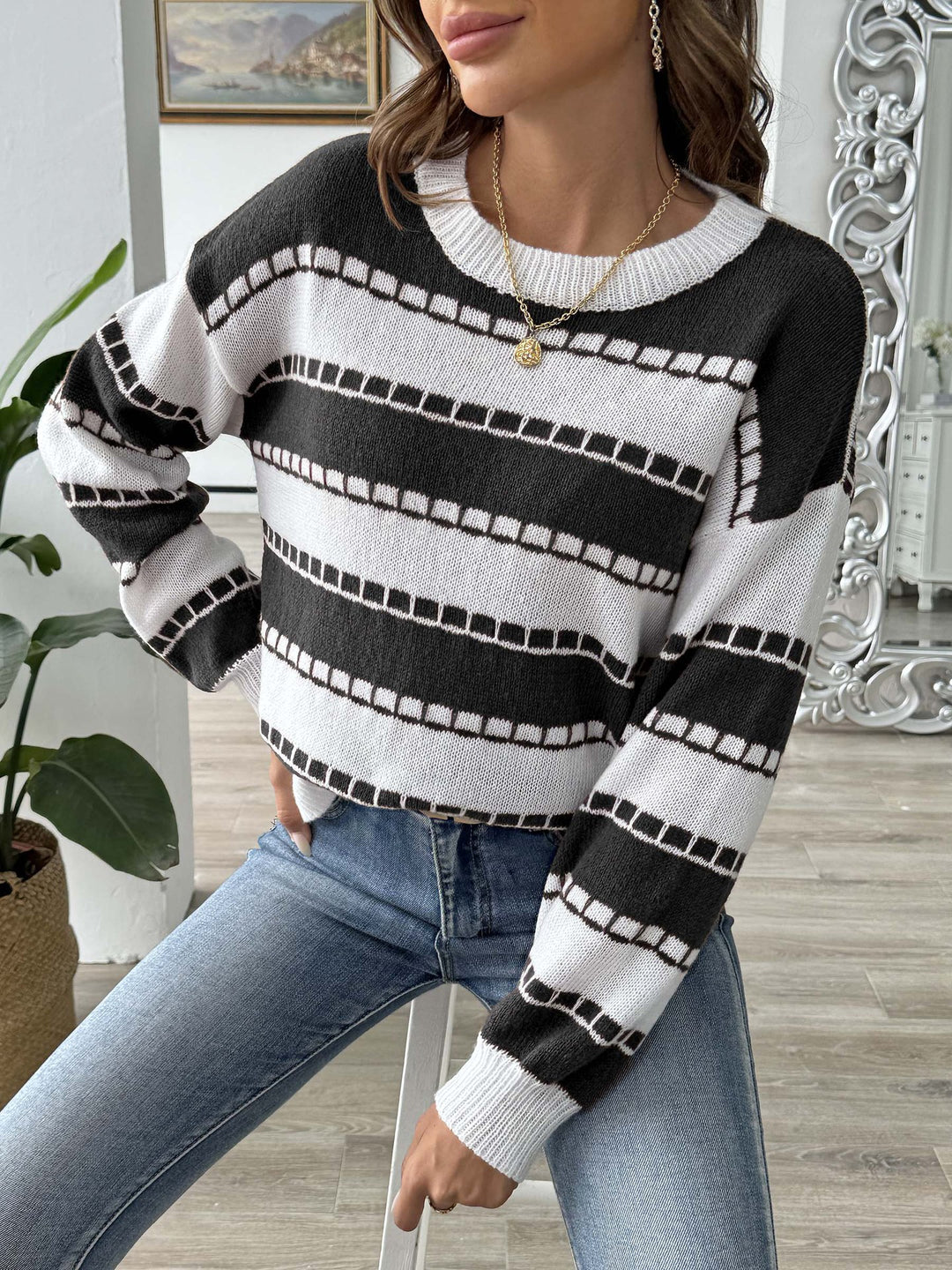 Geometric Pattern Stripe Sweater