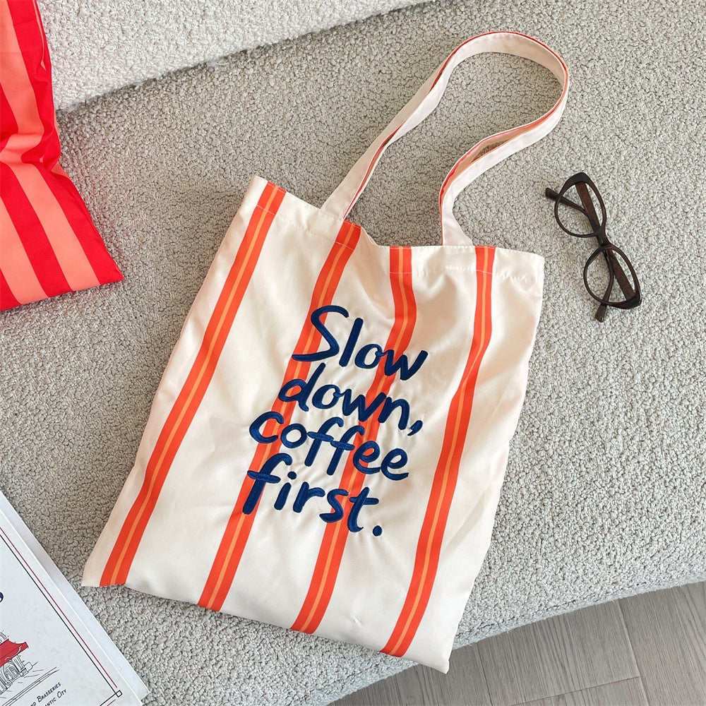 Slow Down, Coffee First Striped Tote Bag