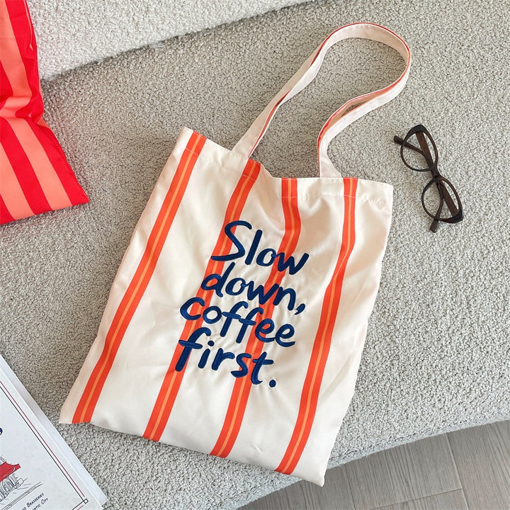 Slow Down, Coffee First Striped Tote Bag
