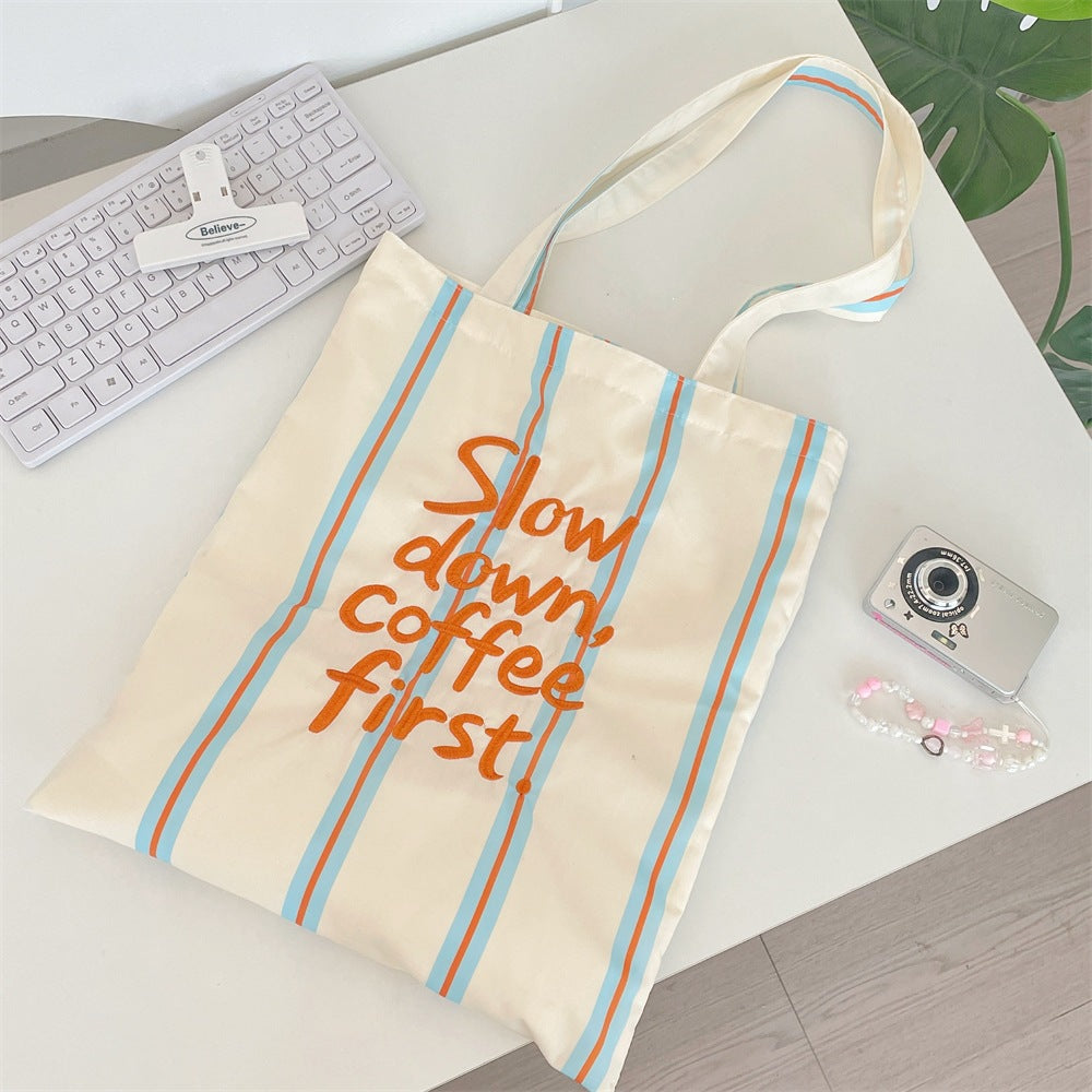 Slow Down, Coffee First Striped Tote Bag