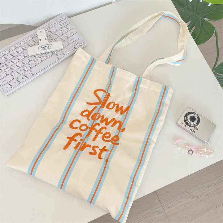 Slow Down, Coffee First Striped Tote Bag