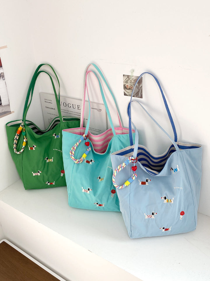 Reversible Playful Pup Striped Tote Bag