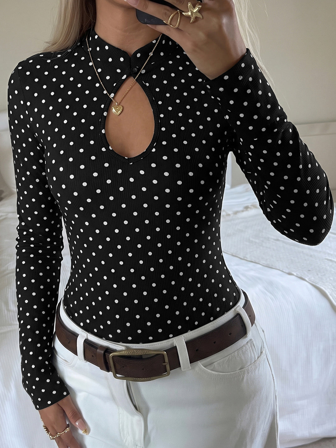 Polka Dot Keyhole Long Sleeve Bodysuit