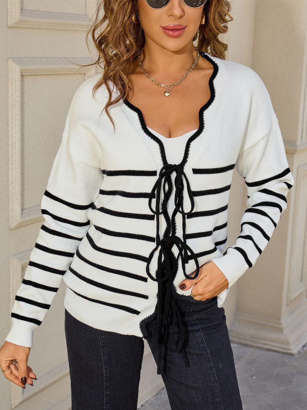 Bow Tie Front Stripe Sweater