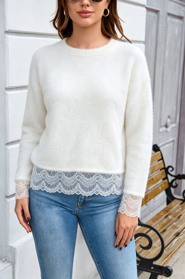 Lace Trim Fuzzy Knit Sweater