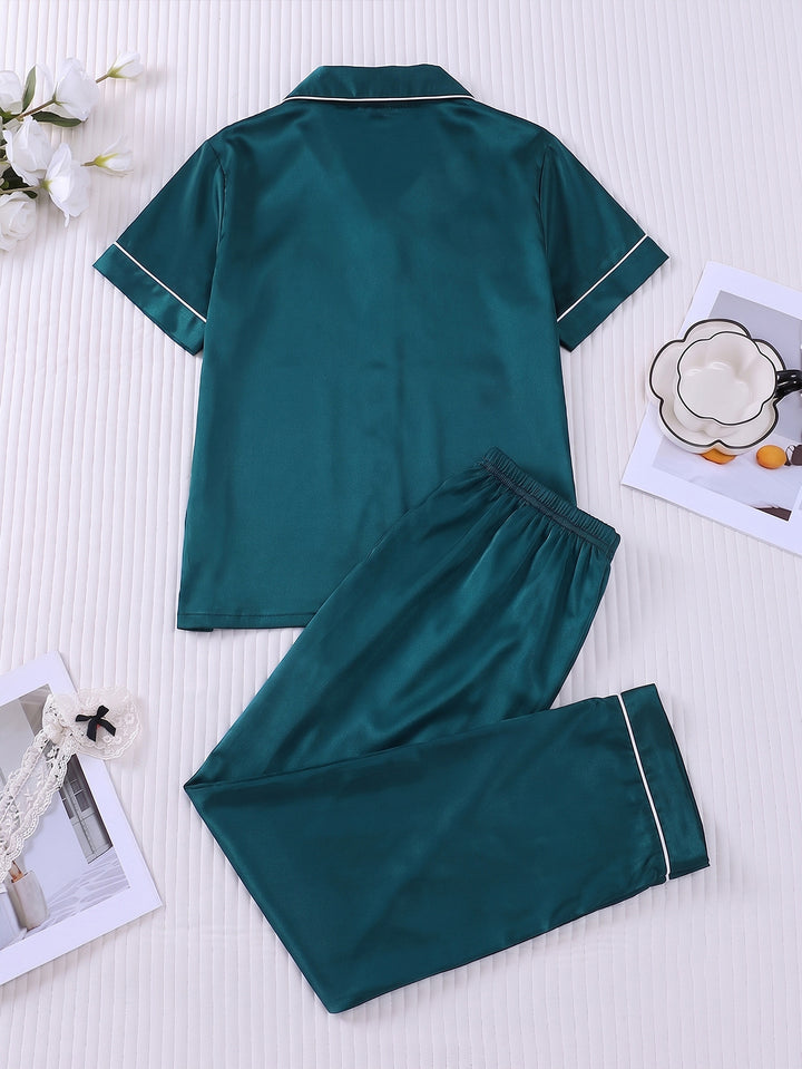 Smooth Fabric Contrast Piping Women's Pajama Set