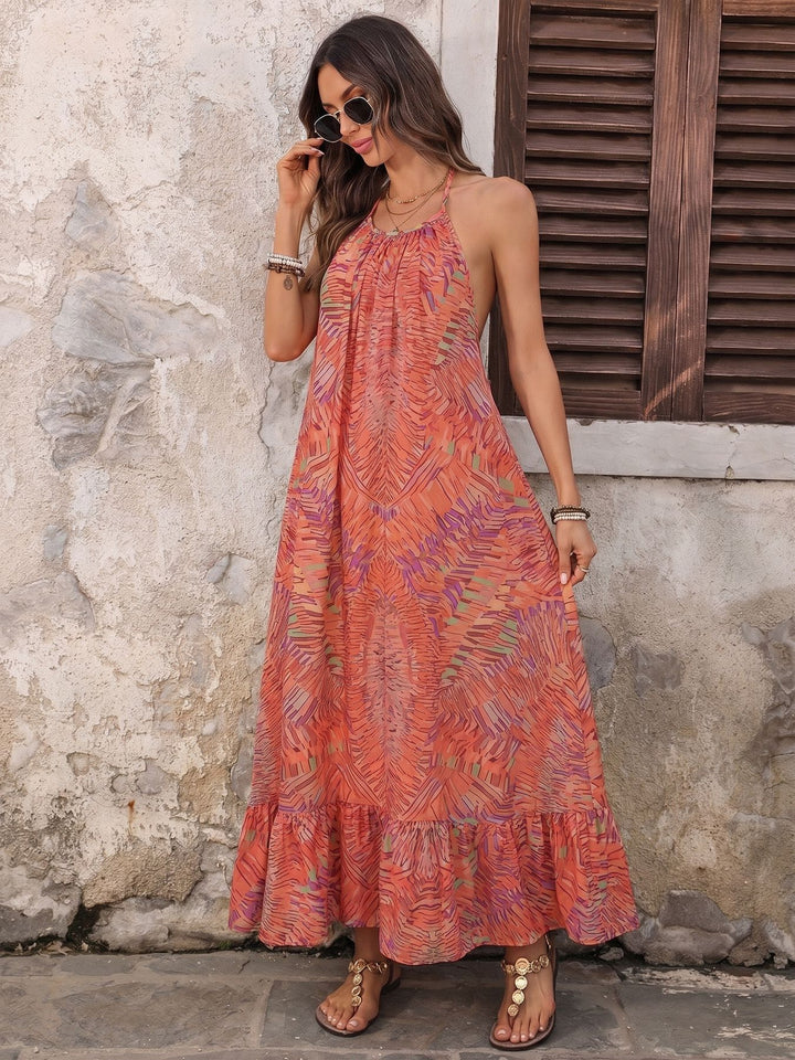 Coral Abstract Print Halter Maxi Dress