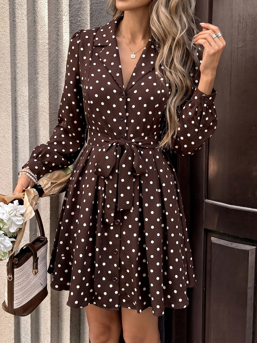 Polka Dot Tie-Waist Shirt Dress