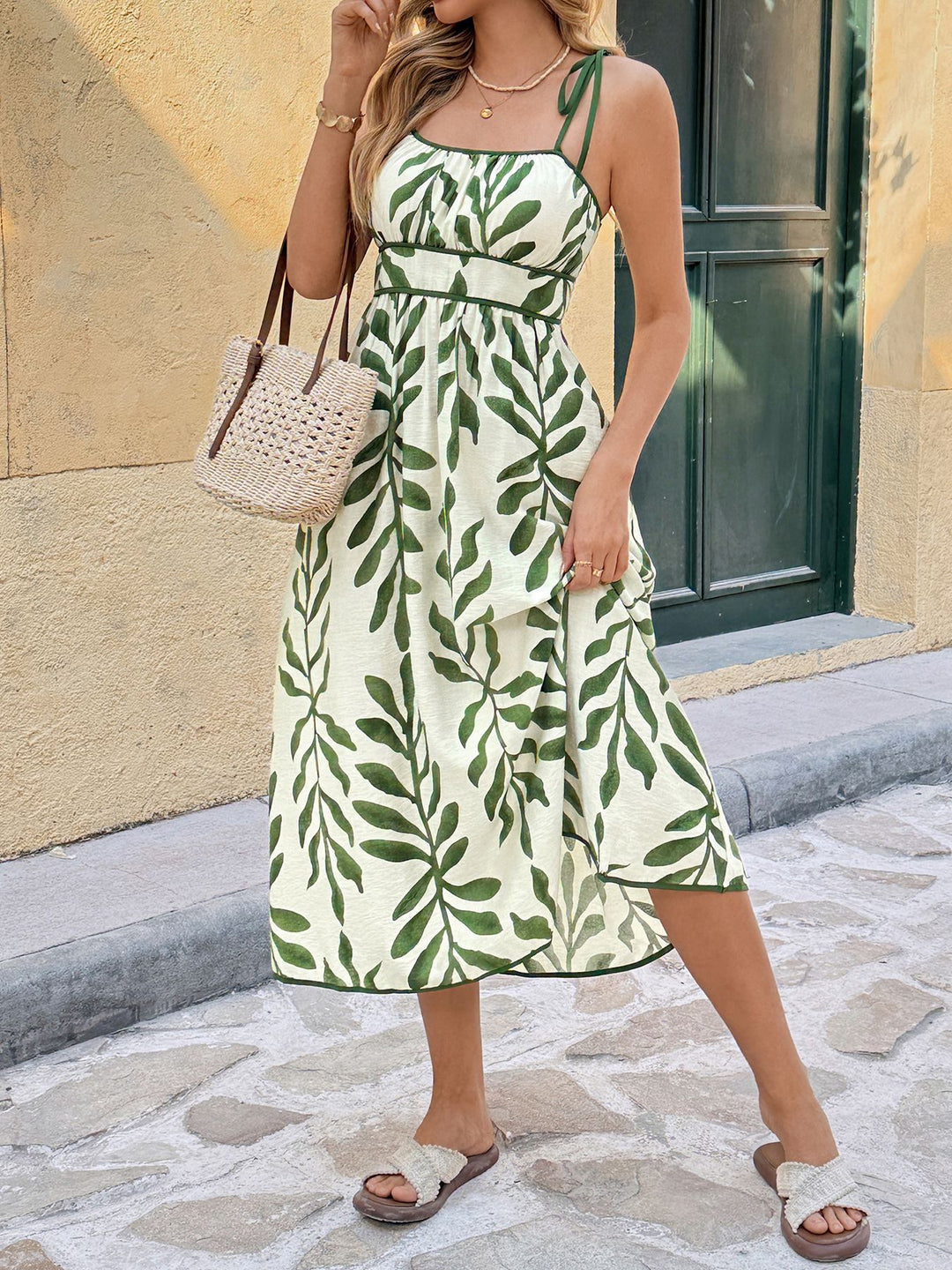 leaf print midi dress Tropical Sketch Leaf Print Midi Dress | Trendy Women's Dress