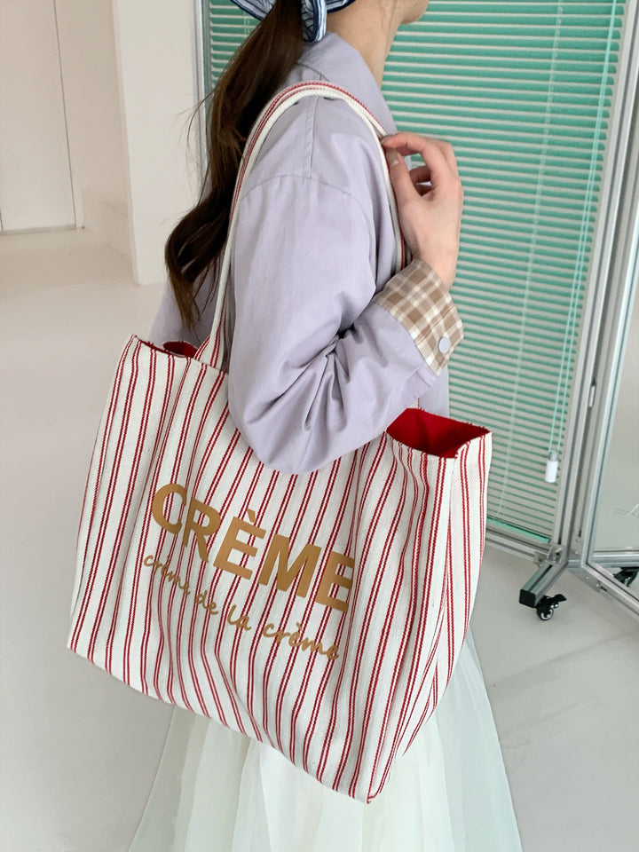 Crème Reversible Stripe Shoulder Tote Bag