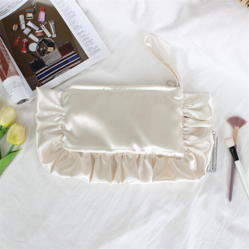 Ruffle Satin Wristlet Cosmetic Pouch