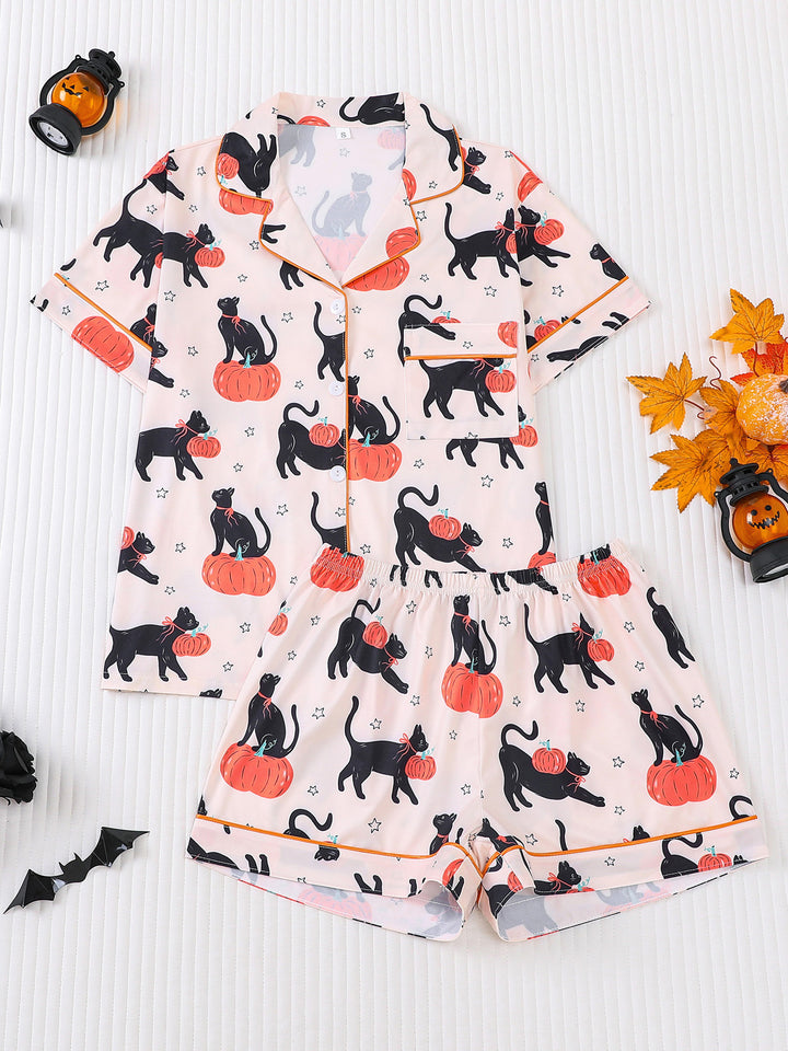 Black Cat & Pumpkin Print Pajama Set