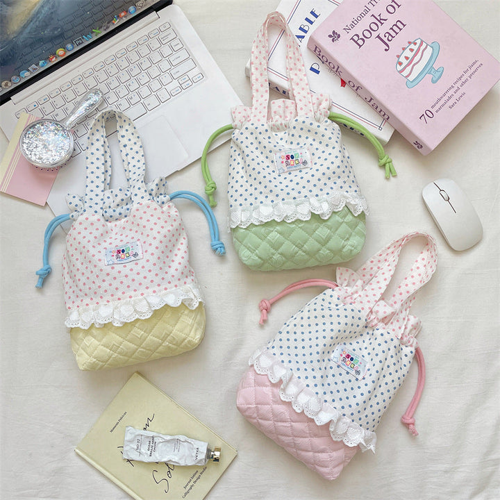 Quilted Polka Dot Drawstring Tote Bag