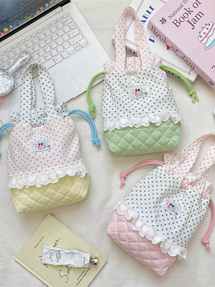 Quilted Polka Dot Drawstring Tote Bag