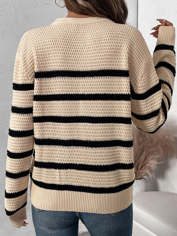 Striped Henley Open Knit Sweater