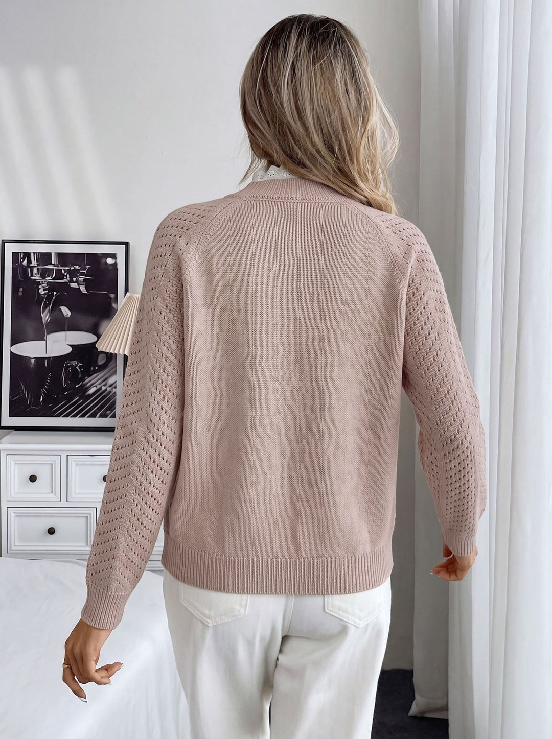 Blush Pointelle Sleeve Button Detail Sweater