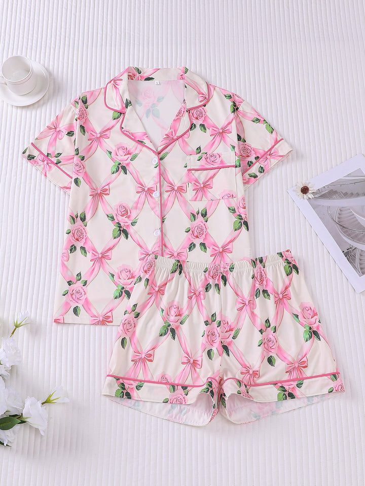 Feminine Bows & Rose Print Pajama Set
