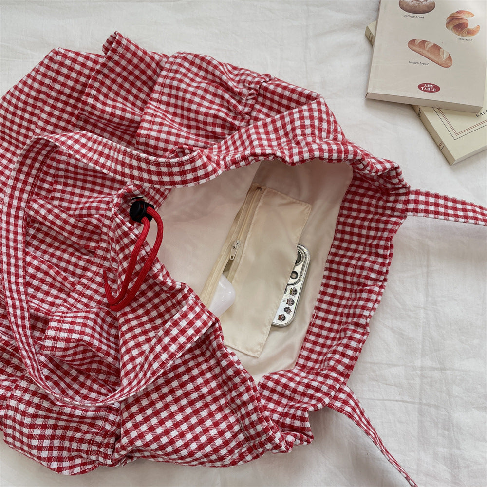 Gingham Ruffle Drawstring Shoulder Tote Bag