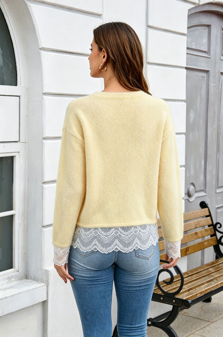 Lace Trim Fuzzy Knit Sweater