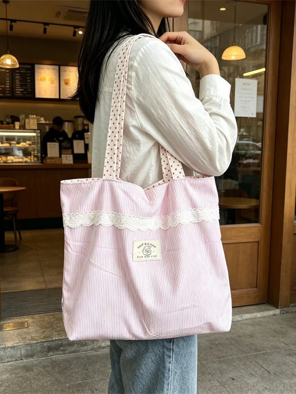 Lace Trim Stripe Everyday Tote Bag