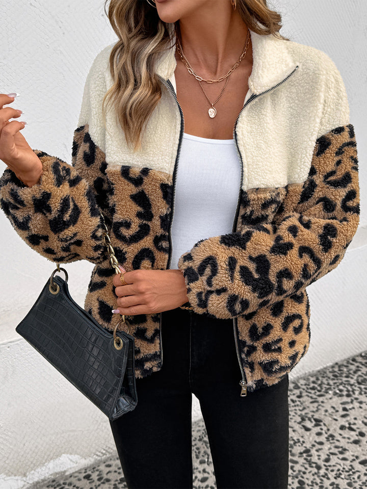 Colorblock Animal Print Sherpa Jacket