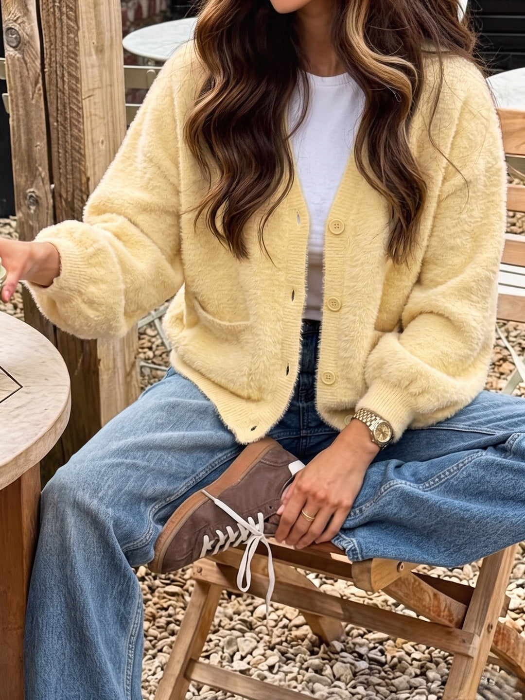 Fuzzy Button Front Cardigan