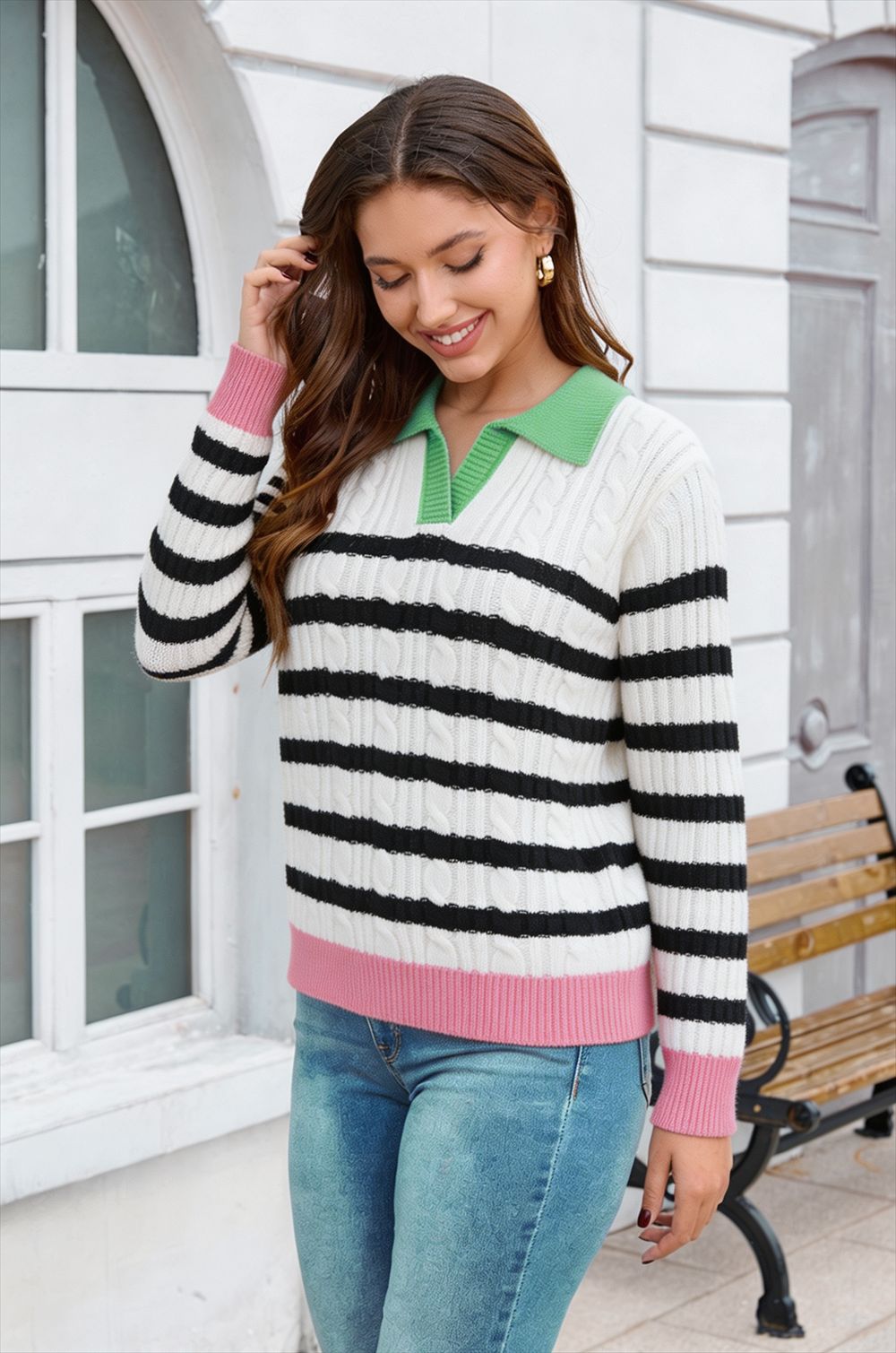 Stripe Cable Knit Collared Sweater