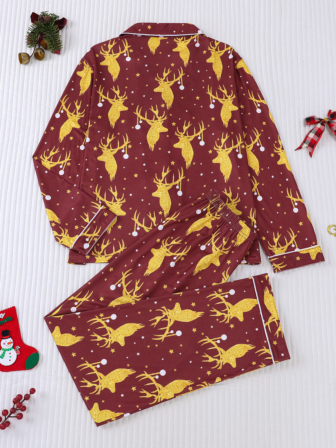 Golden Reindeer Long Sleeve Pajama Set