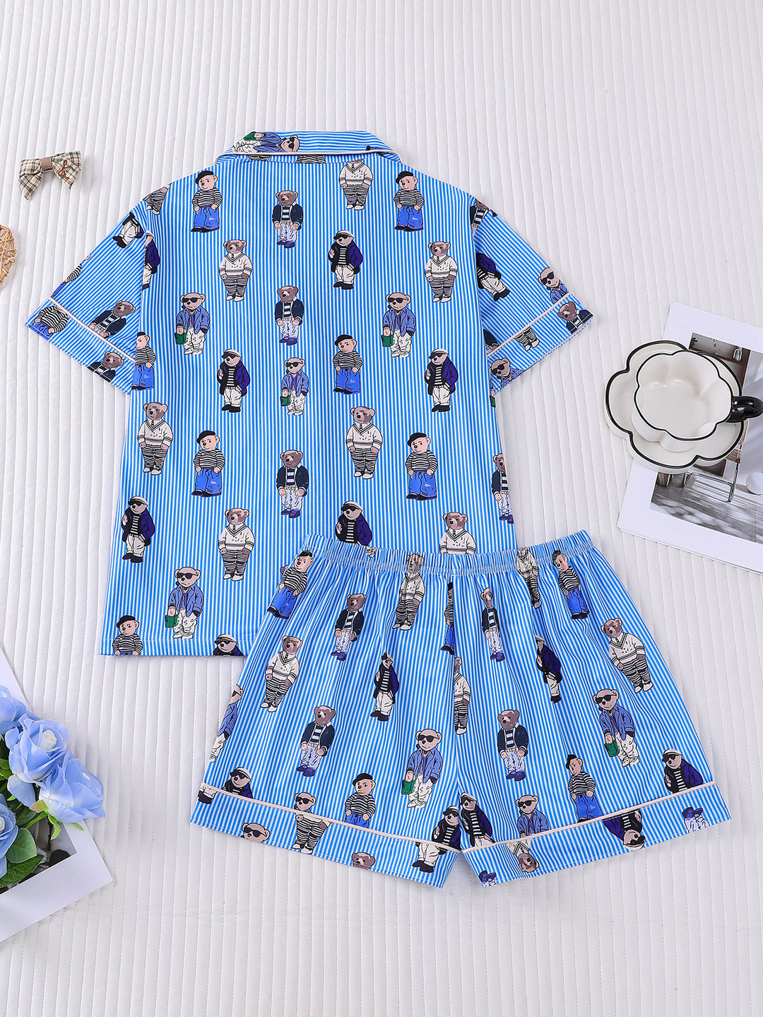 Blue Stripe Bear Print Pajama Set