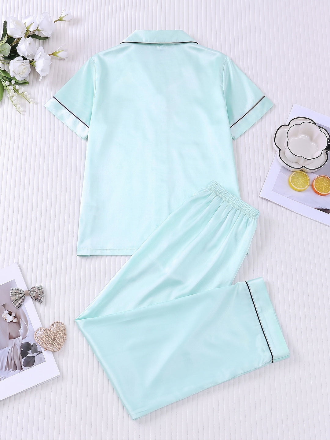 Smooth Fabric Contrast Piping Women's Pajama Set