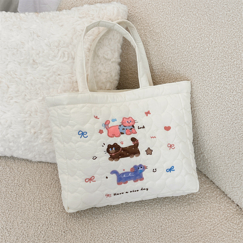 Quilted Cute Animal Embroidered Everyday Tote Bag