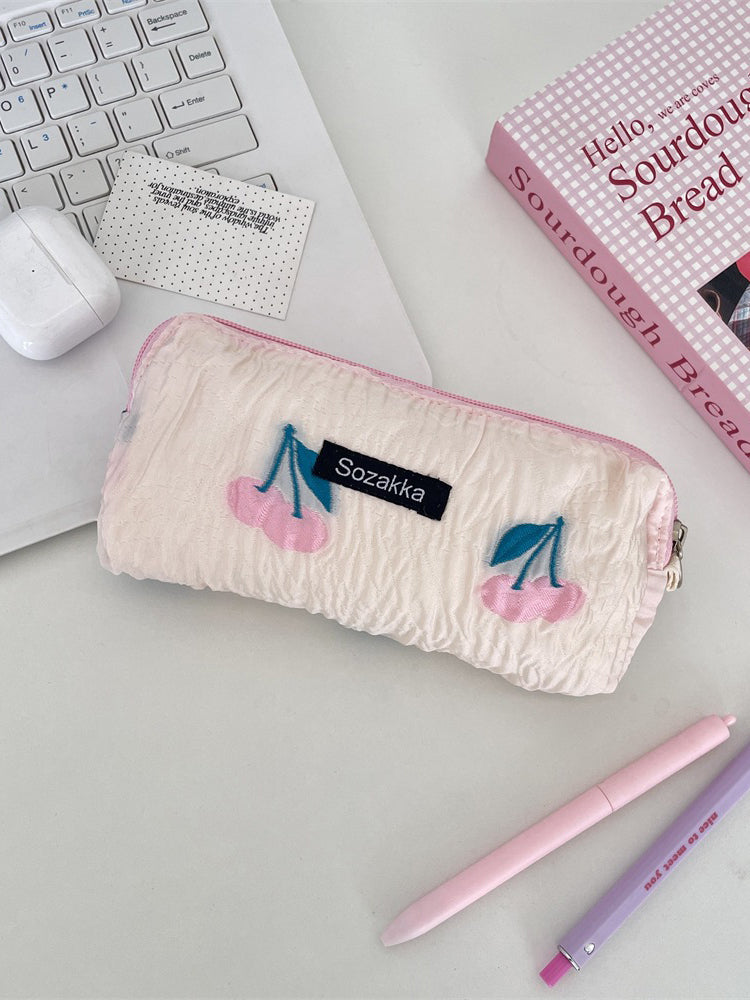 Cherry Crinkle Fabric Pencil Pouch