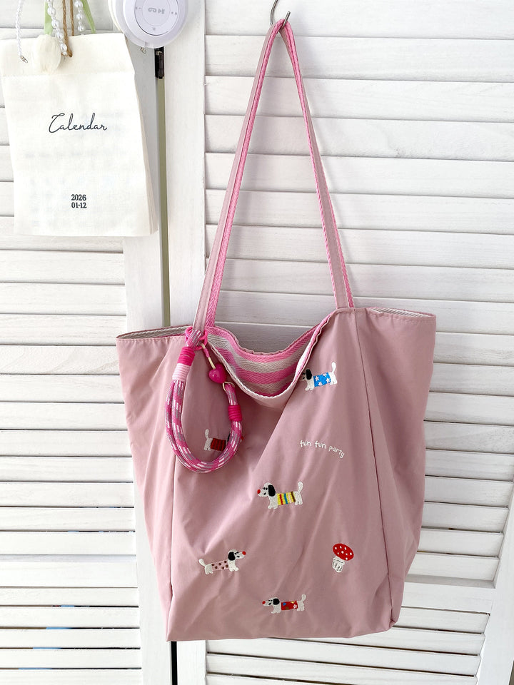 Reversible Playful Pup Striped Tote Bag