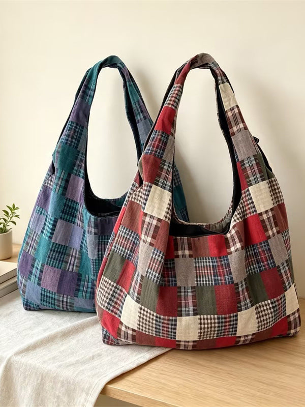 Patchwork Plaid Slouchy Tote Bag