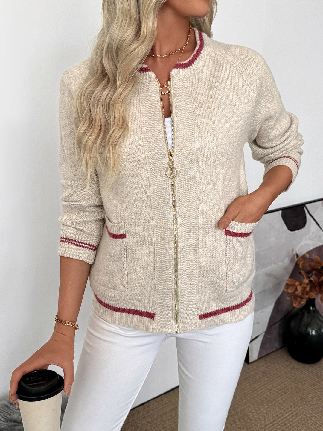 Varsity Inspired Zip Up Sweater