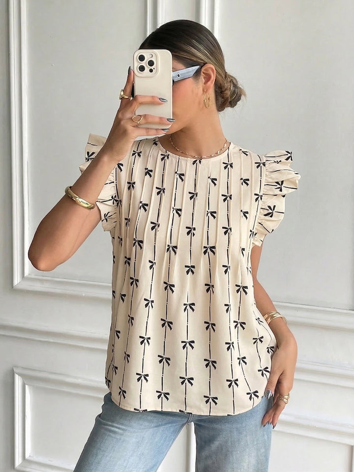 Bow Print Ruffle Sleeve Blouse