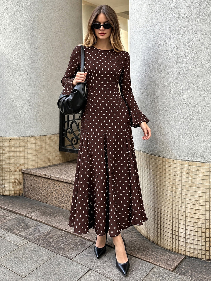 Chocolate Polka Dot Flare Sleeve Maxi Dress