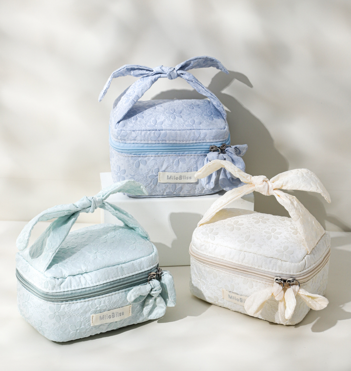 Floral Pattern Bow Tie Quilted Cosmetic Case