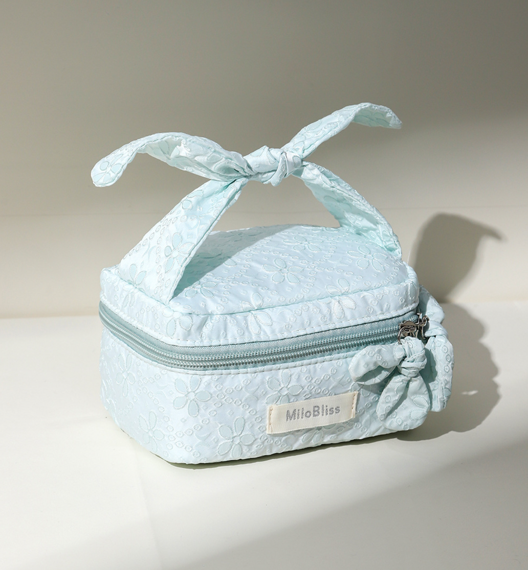 Floral Pattern Bow Tie Quilted Cosmetic Case