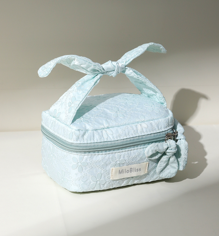 Floral Pattern Bow Tie Quilted Cosmetic Case