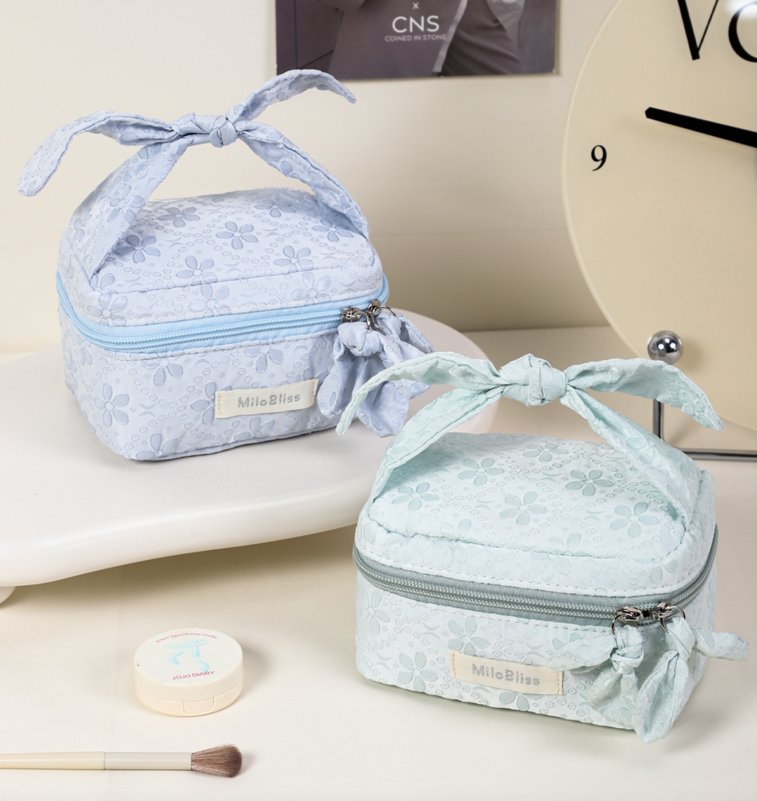 Floral Pattern Bow Tie Quilted Cosmetic Case