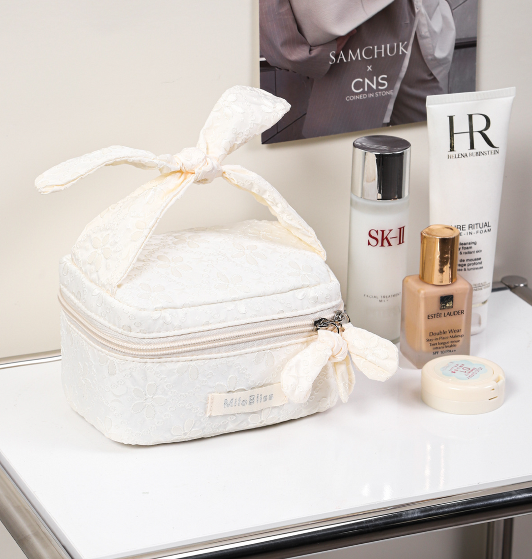 Floral Pattern Bow Tie Quilted Cosmetic Case