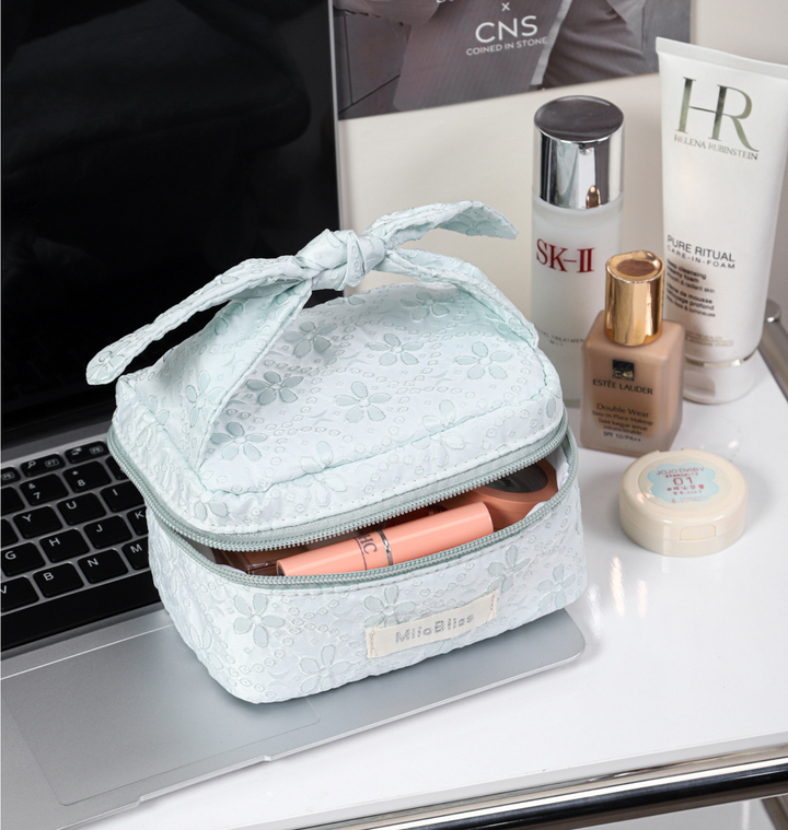 Floral Pattern Bow Tie Quilted Cosmetic Case