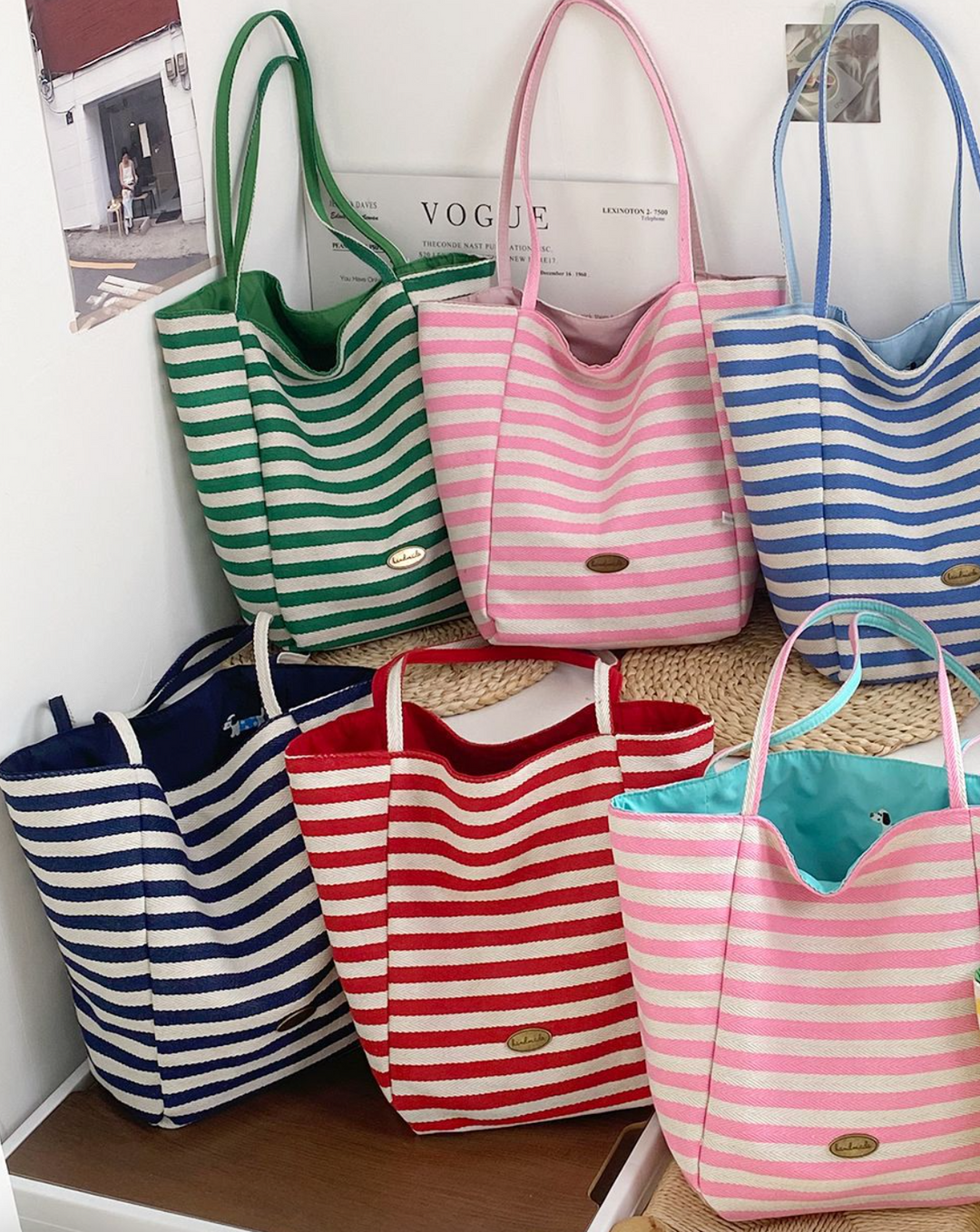 Reversible Playful Pup Striped Tote Bag