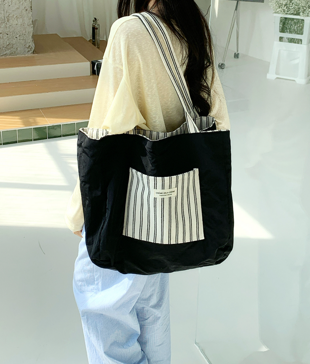 Crème Reversible Stripe Shoulder Tote Bag
